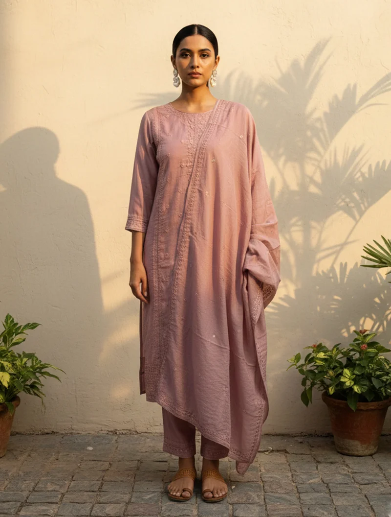 ترو برونز trueBrowns Light Pink Embroidered Straight Kurta Dupatta Set